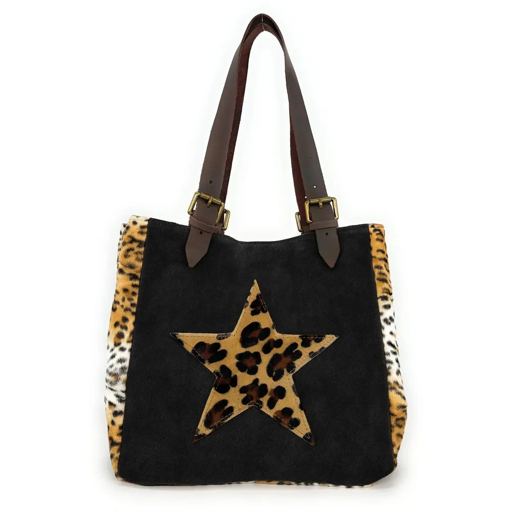 Sac cabas en croûte de cuir et fausse fourrure LEOSTAR Noir