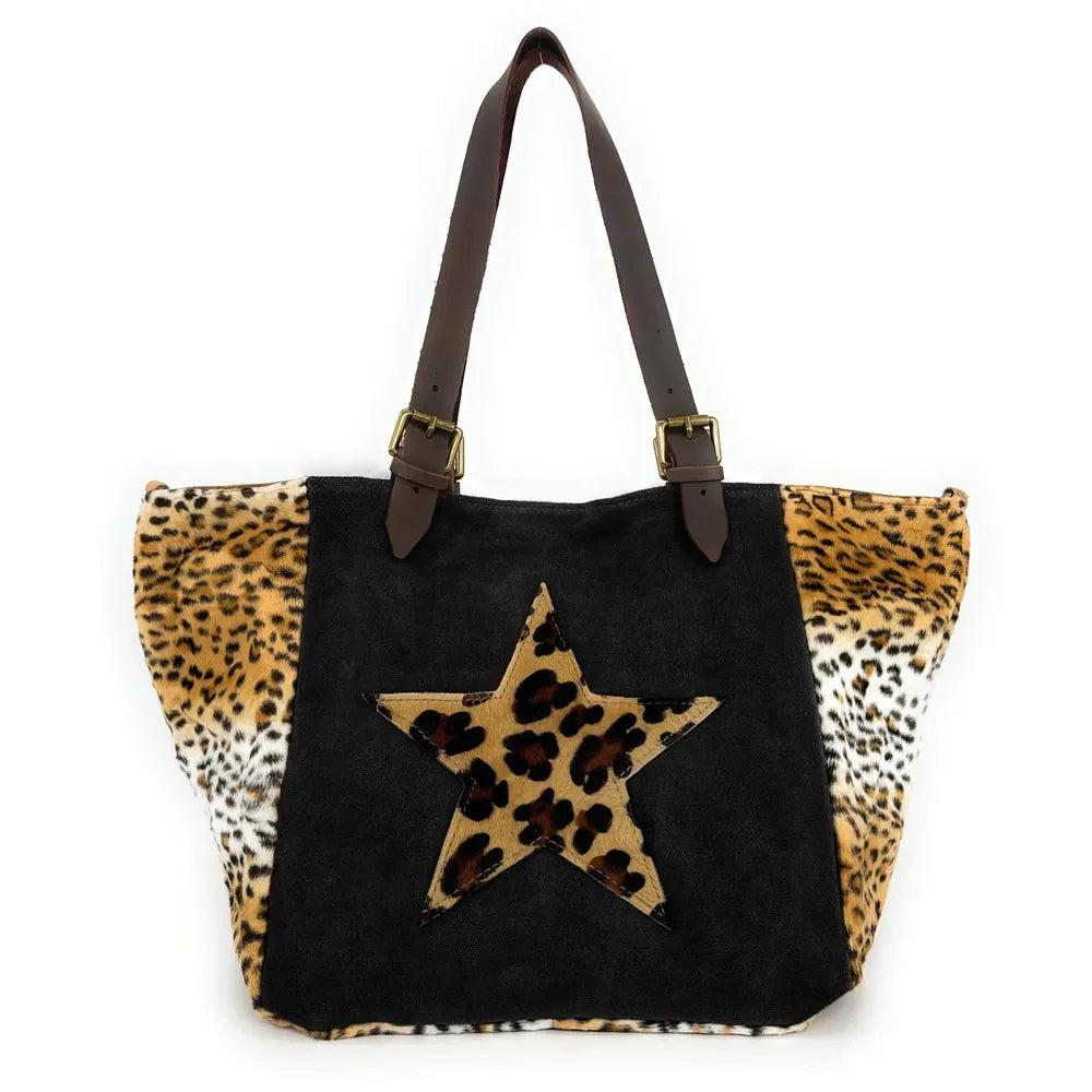 Sac cabas en croûte de cuir et fausse fourrure LEOSTAR Noir