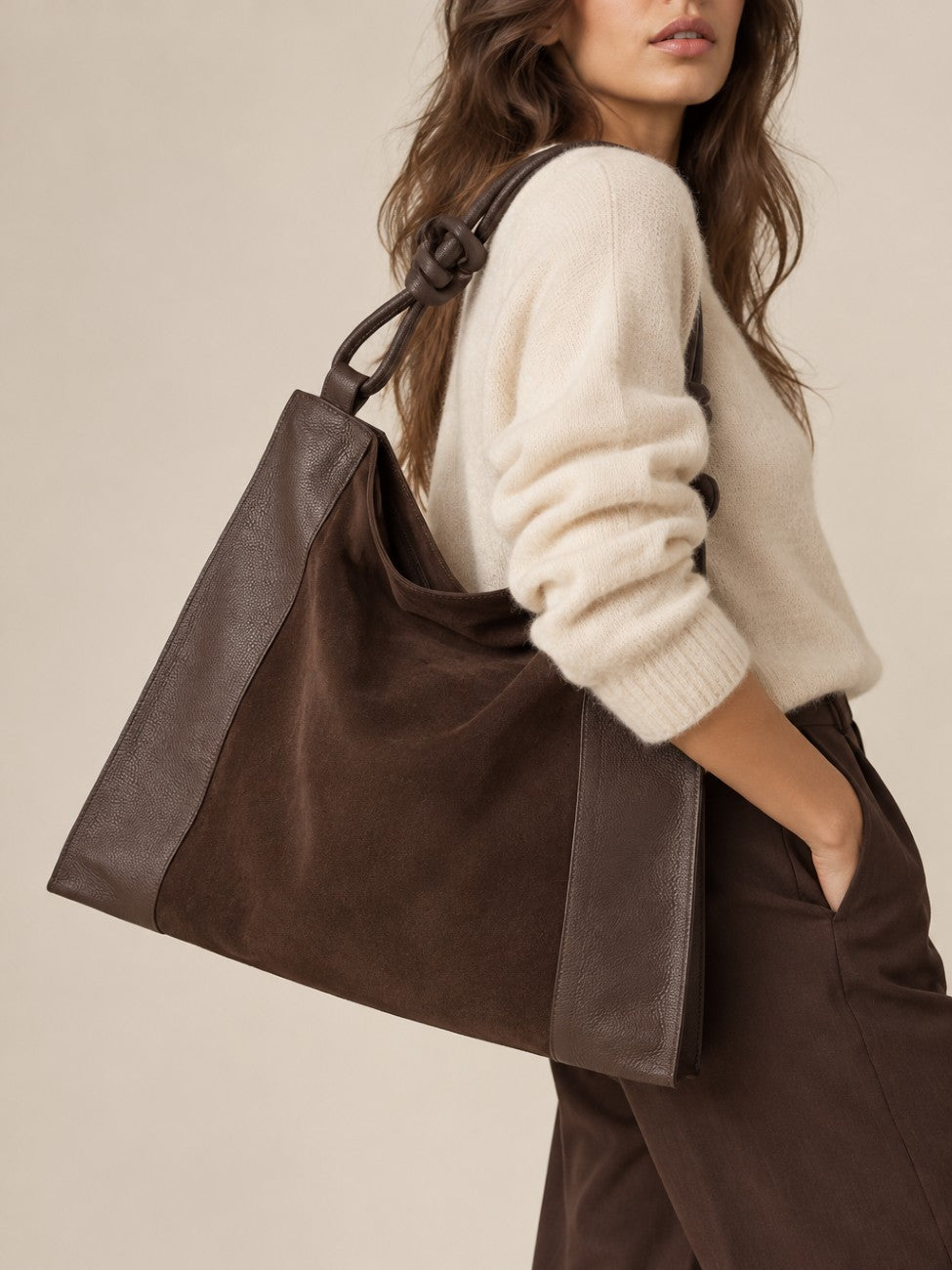 KNOT large shoulder bag in suede and grained leather Chocolate