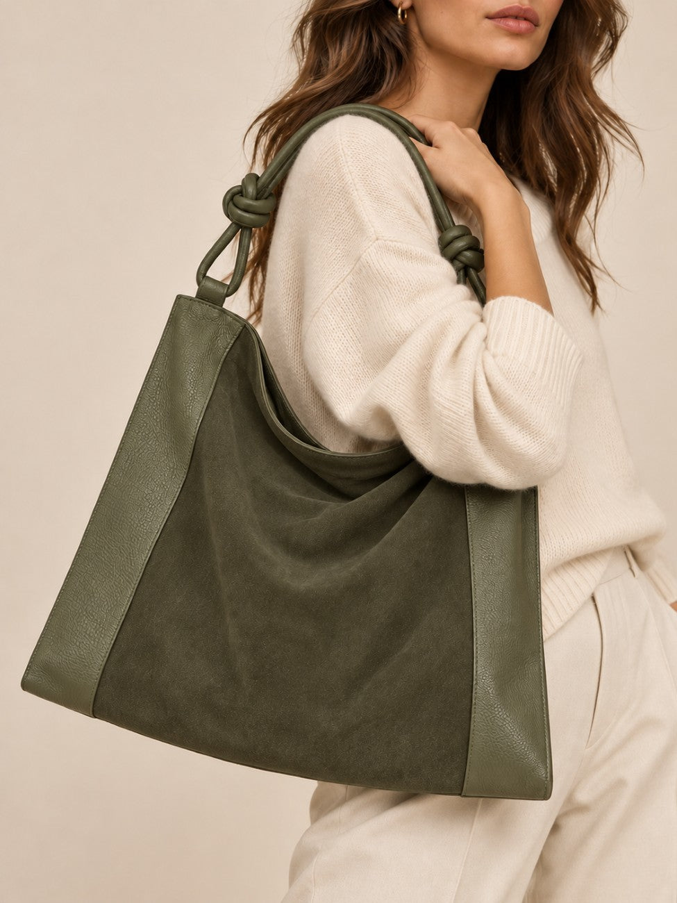 KNOT large shoulder bag in suede and grained leather Khaki