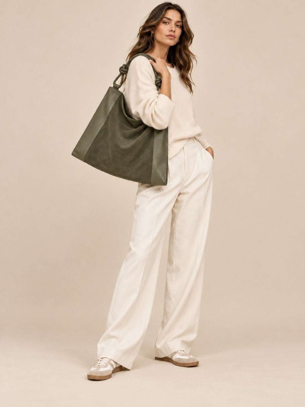 KNOT large shoulder bag in suede and grained leather Khaki
