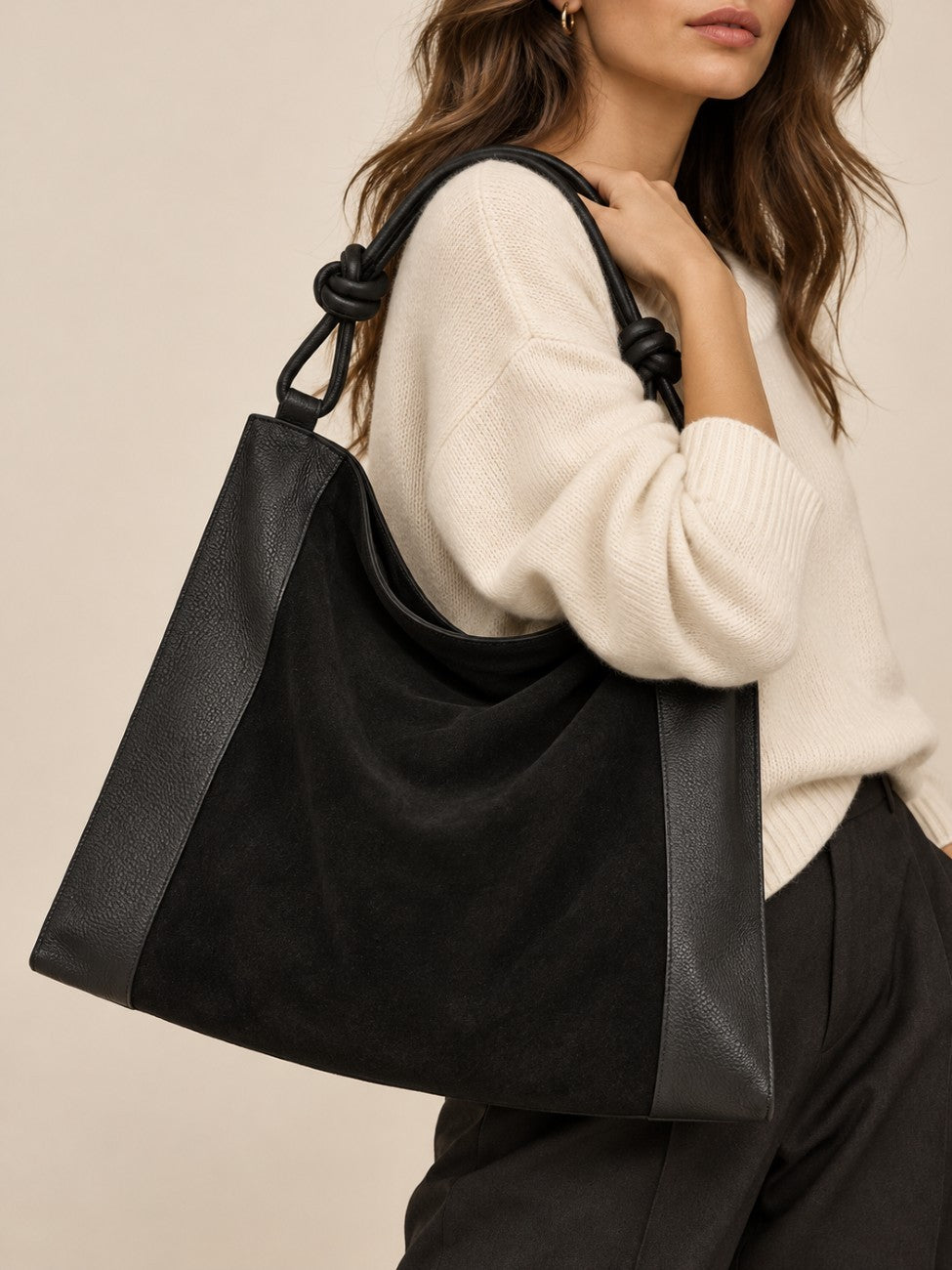 KNOT large shoulder bag in suede and grained leather Black