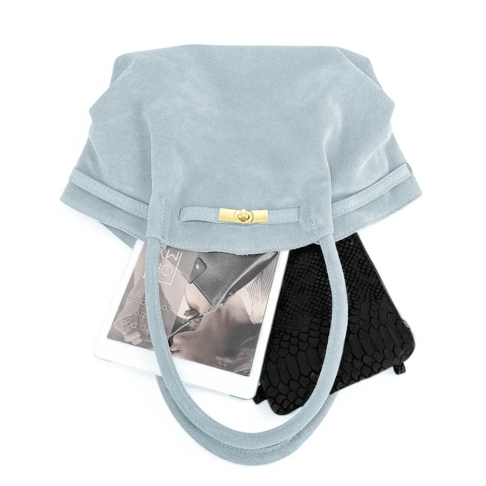 Sac cabas loose en croûte de cuir ALANA Bleu pastel