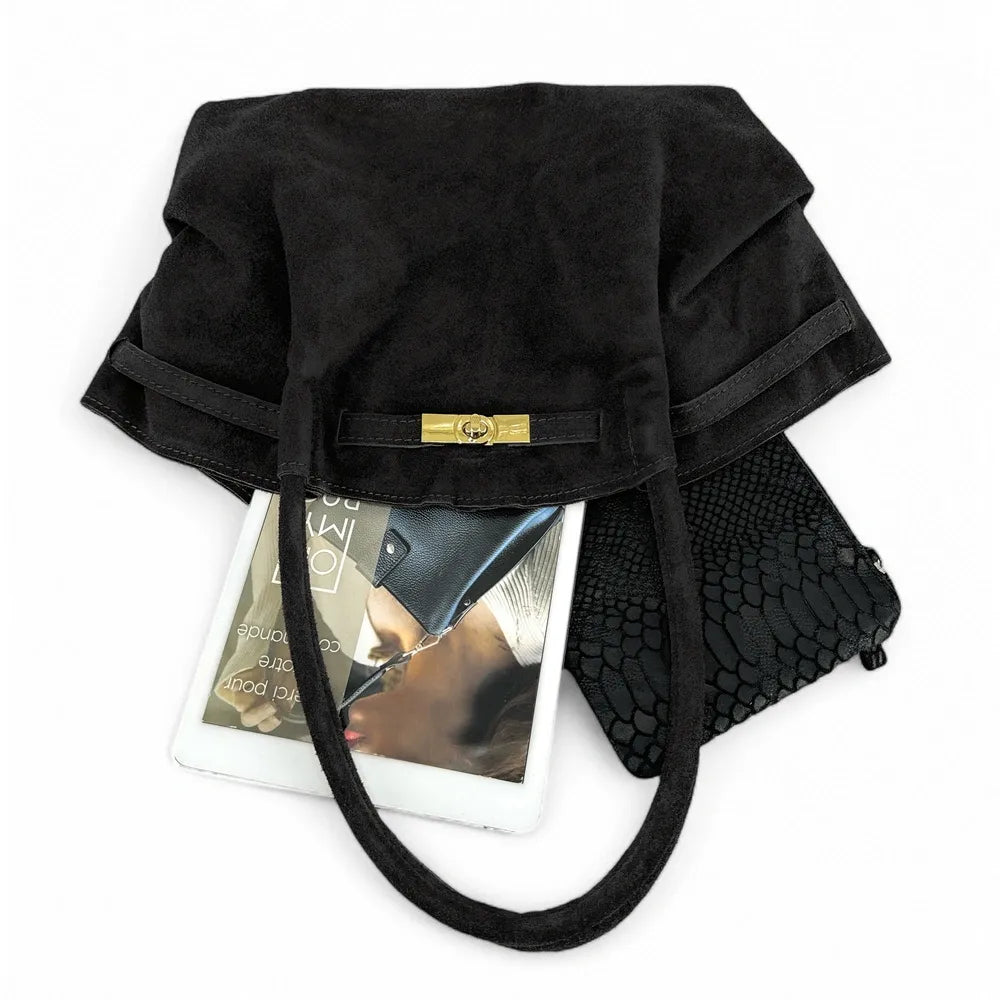 Sac cabas loose en croûte de cuir ALANA Noir