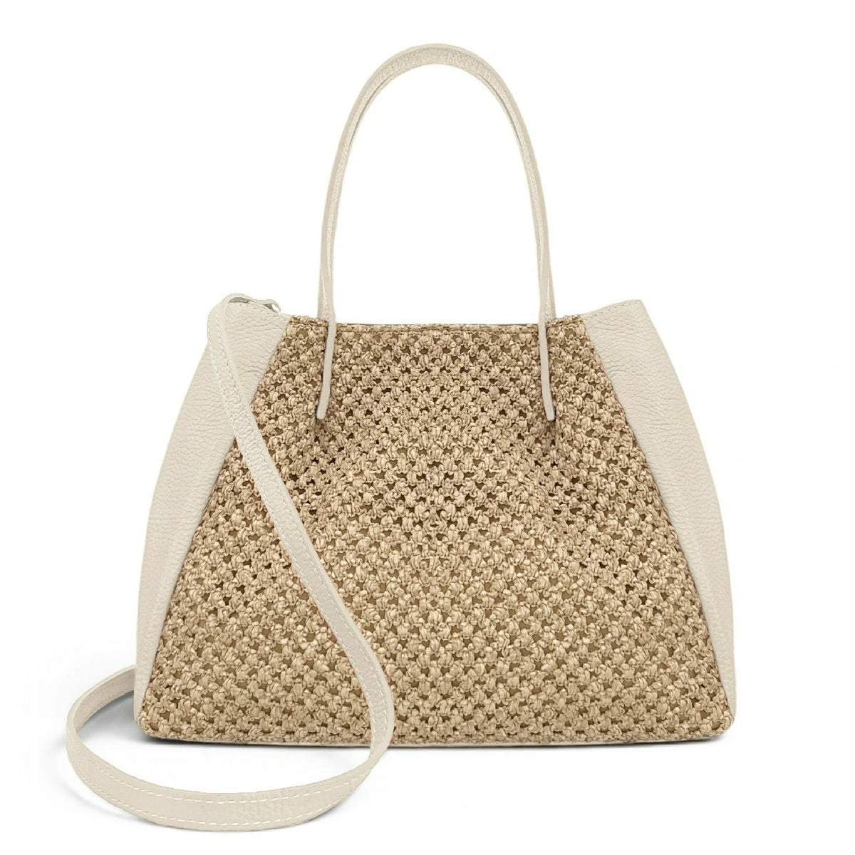 Shopper aus genarbtem Leder und Raphia OXANE Cremebeige