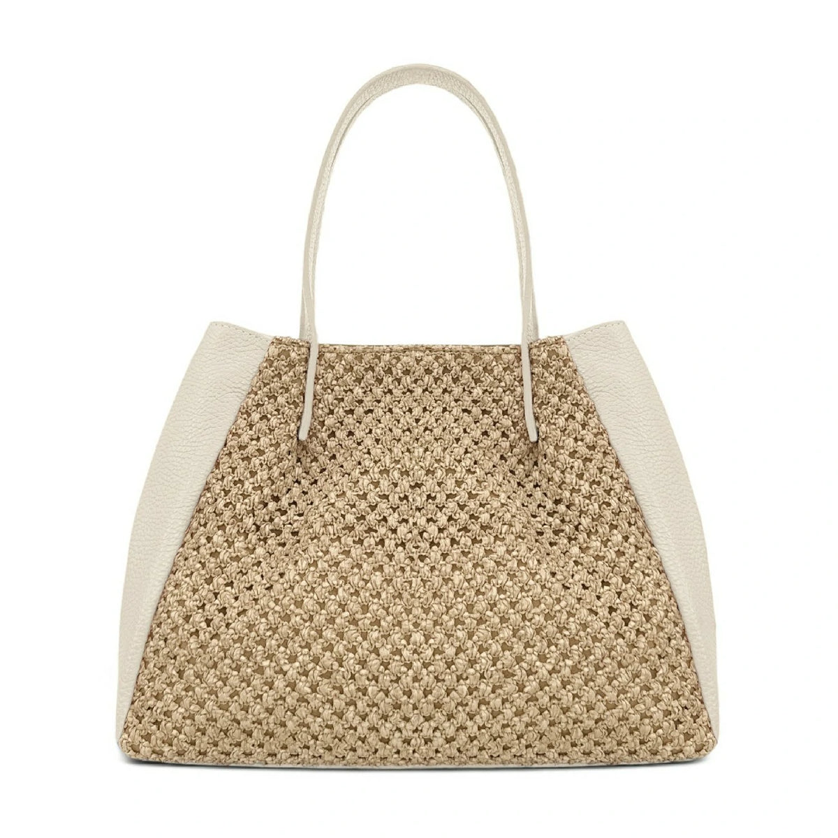 Shopper aus genarbtem Leder und Raphia OXANE Cremebeige
