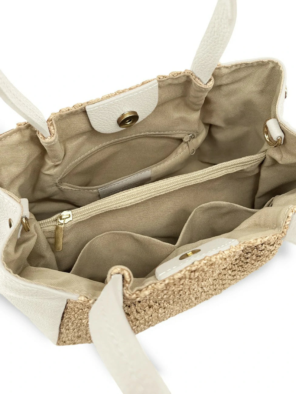 Shopper aus genarbtem Leder und Raphia OXANE Cremebeige