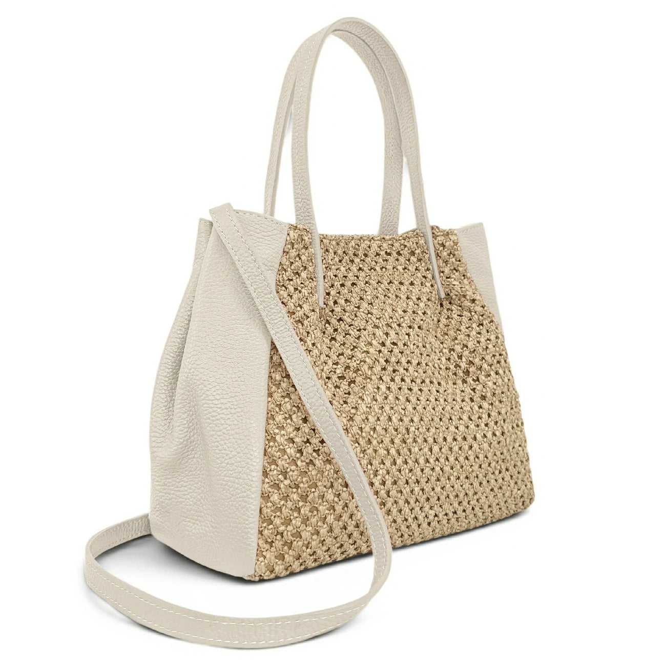 Sac cabas en cuir grainé et raphia OXANE Beige crème