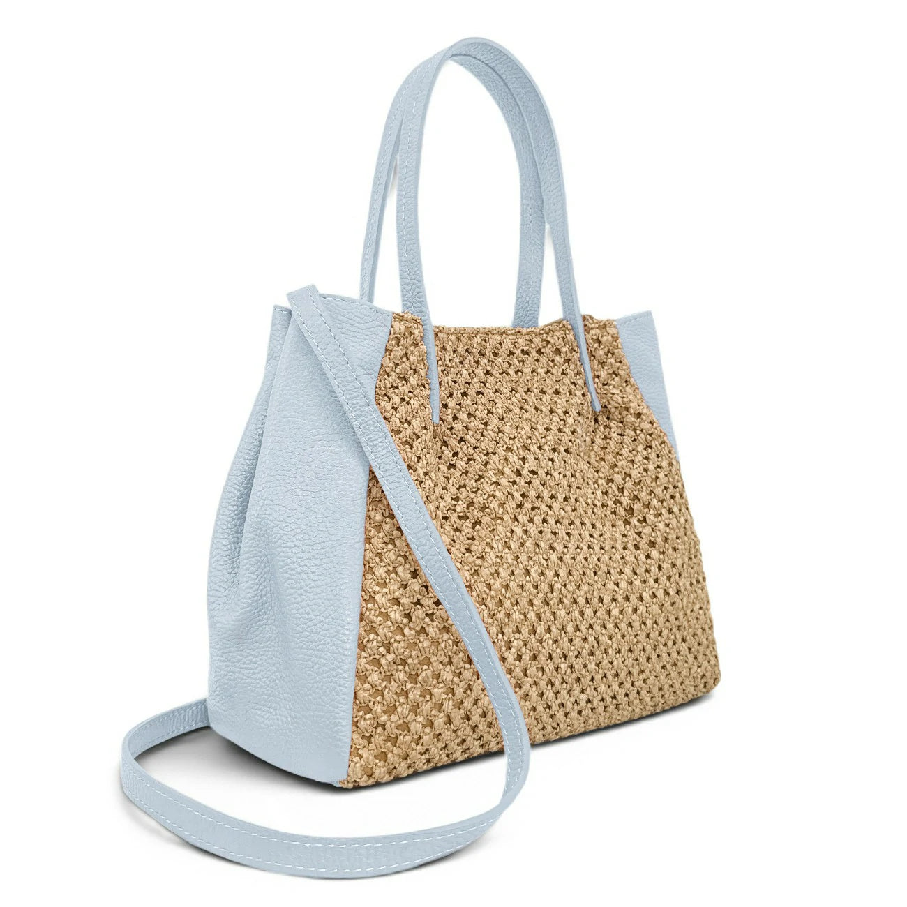 Sac cabas en cuir grainé et raphia OXANE Bleu pastel