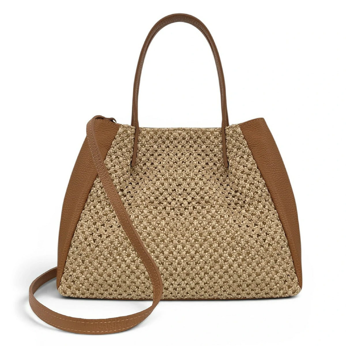 Shopper aus genarbtem Leder und Raphia OXANE Camelbraun