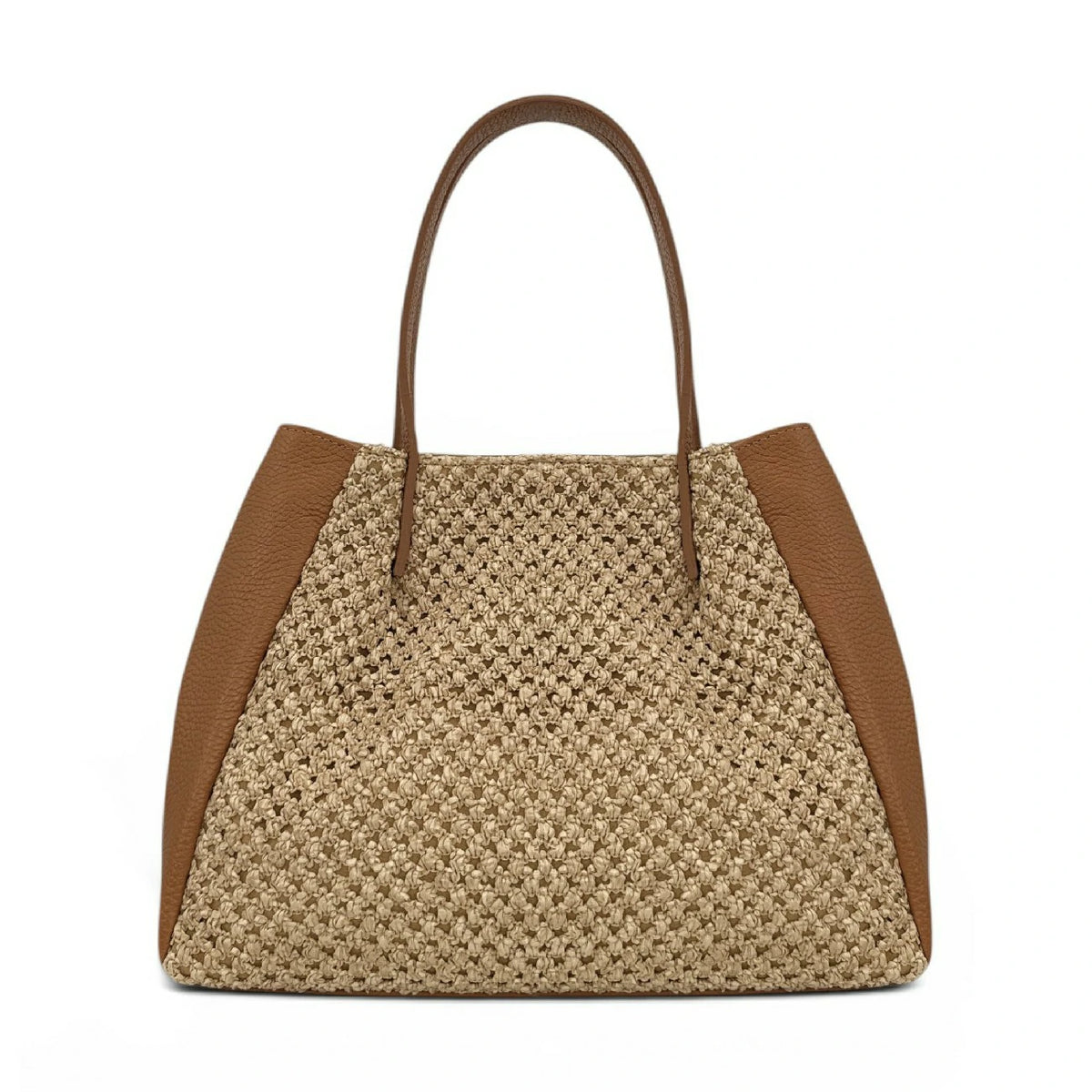 Shopper aus genarbtem Leder und Raphia OXANE Camelbraun