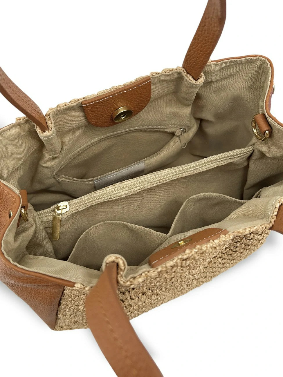 Shopper aus genarbtem Leder und Raphia OXANE Camelbraun