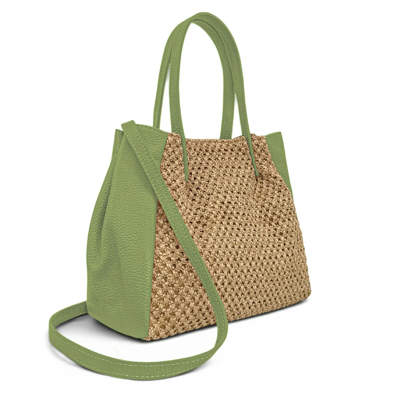 Sac cabas en cuir grainé et raphia OXANE Vert matcha latte