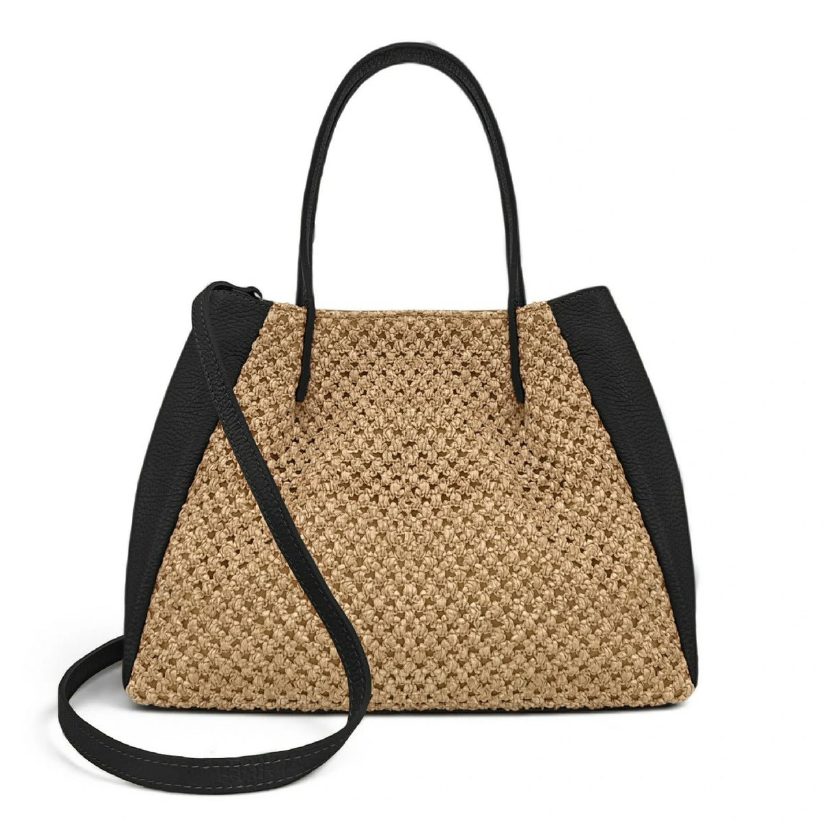 Shopper aus genarbtem Leder und Raffia OXANE Schwarz