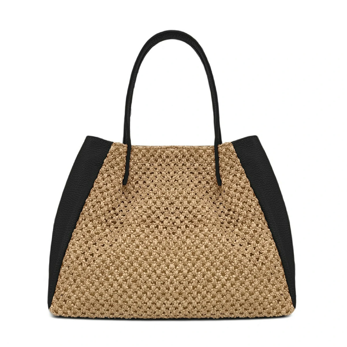 Shopper aus genarbtem Leder und Raffia OXANE Schwarz