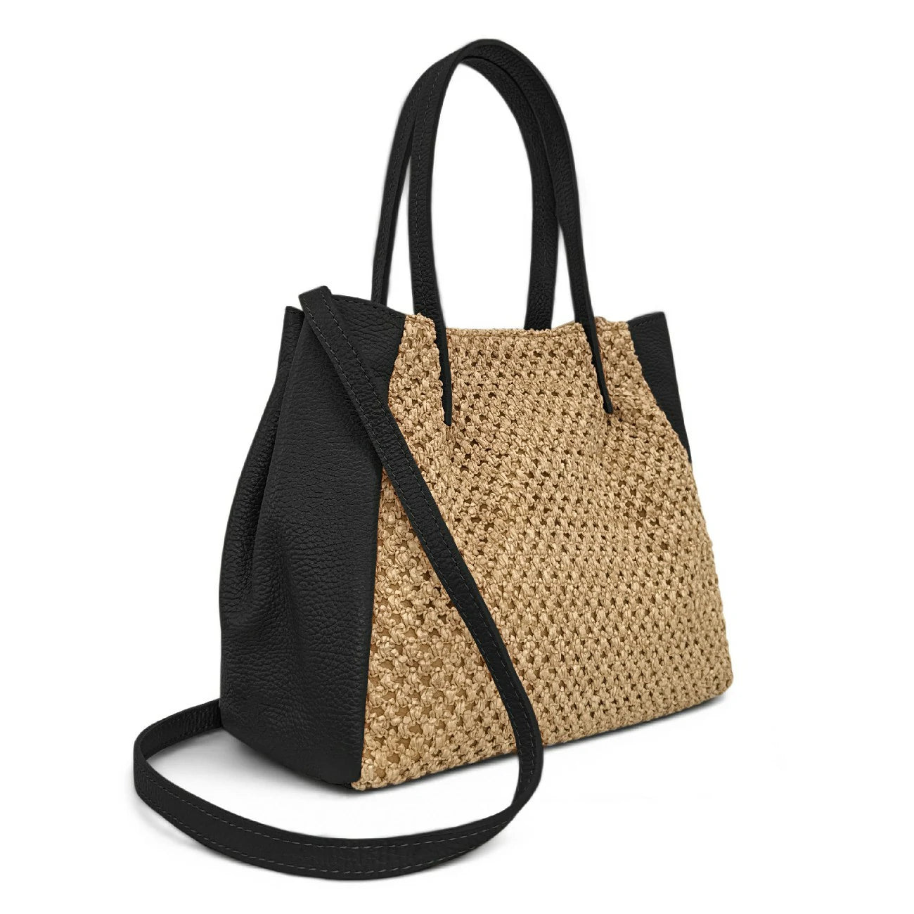 Sac cabas en cuir grainé et raphia OXANE Noir