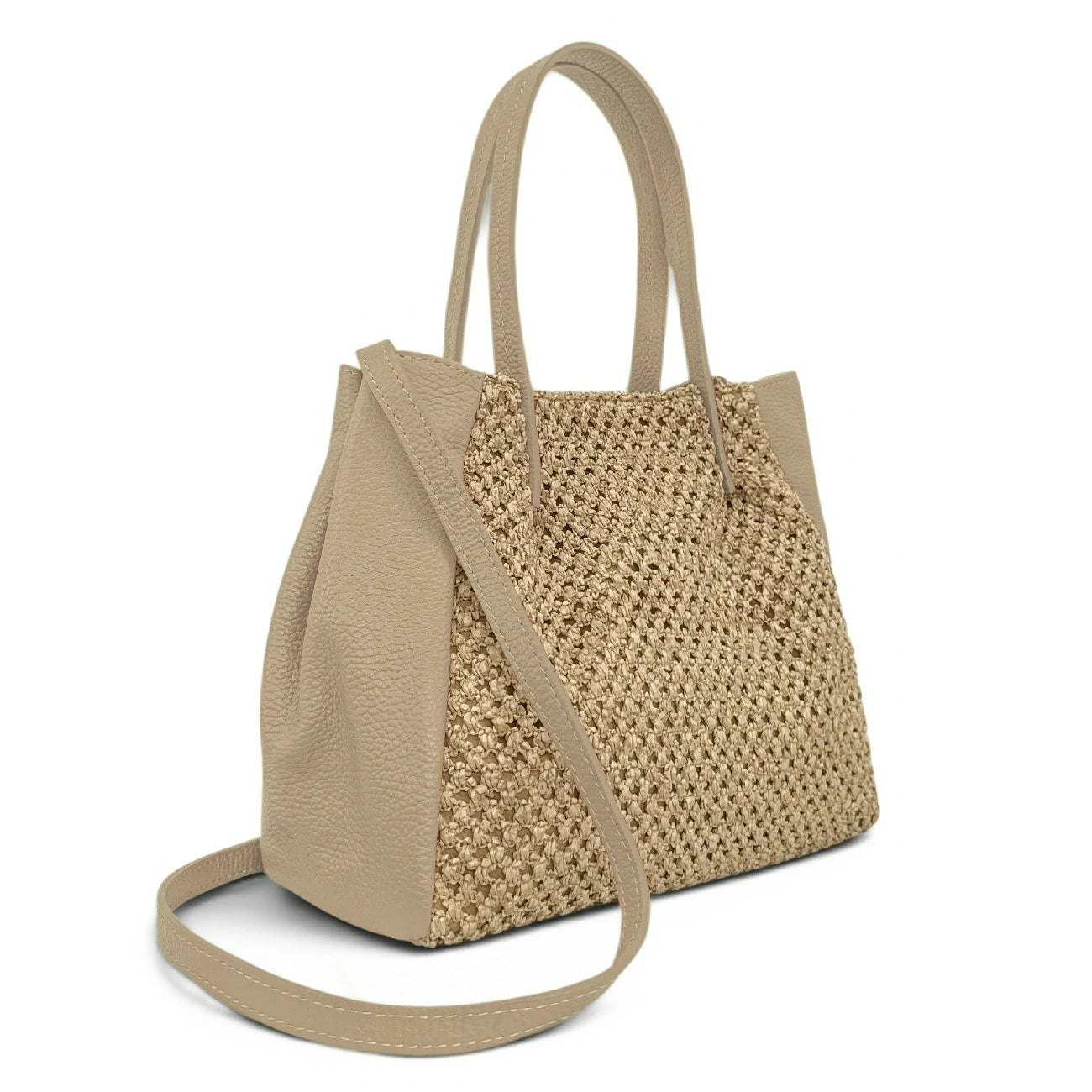 Sac cabas en cuir grainé et raphia OXANE Taupe