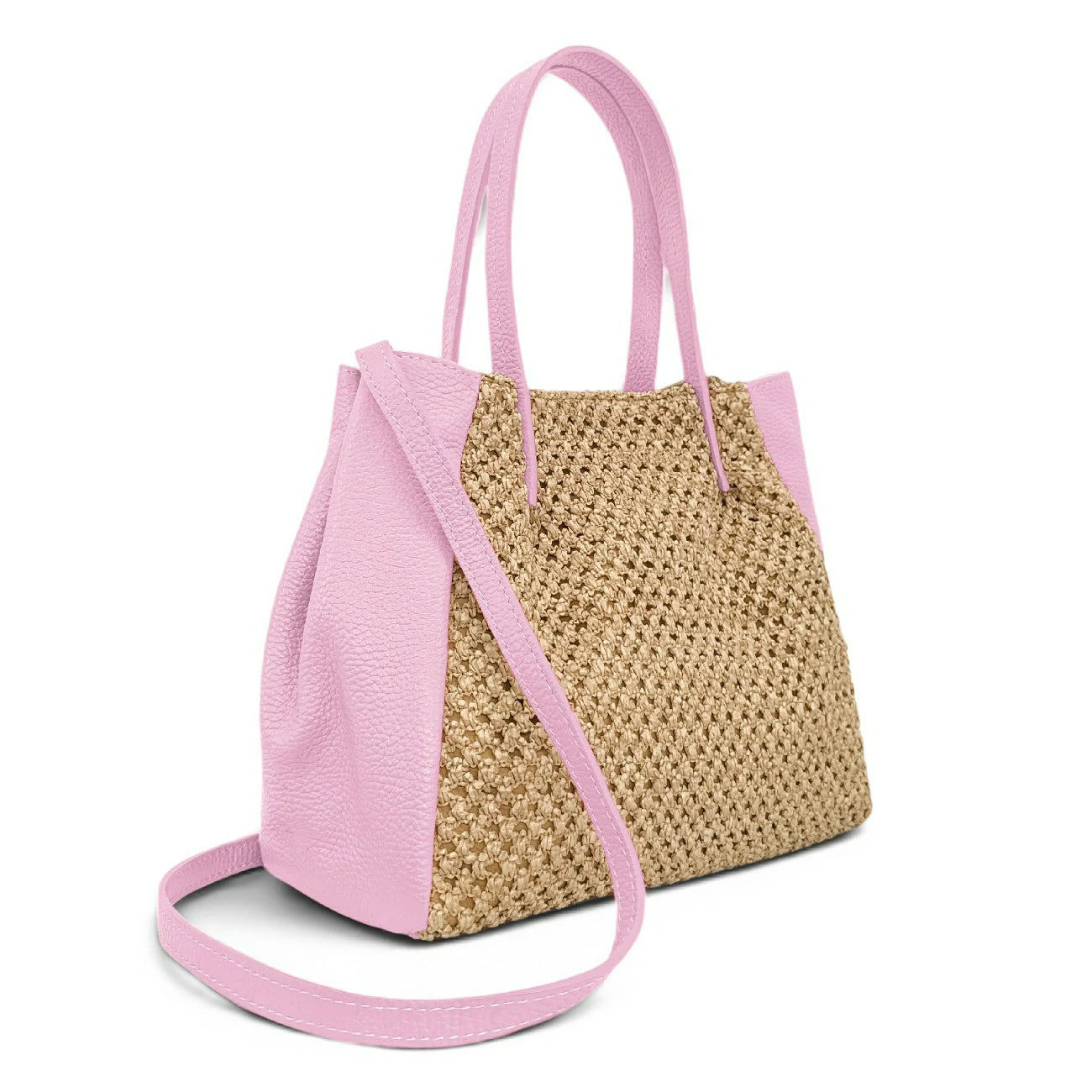 Sac cabas en cuir grainé et raphia OXANE Rose pastel