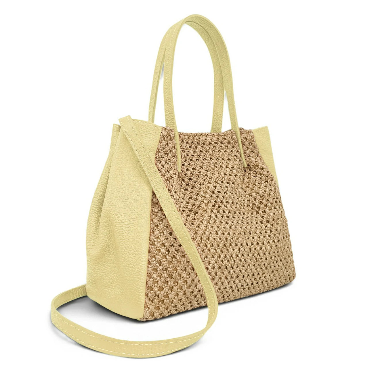 Sac cabas en cuir grainé et raphia OXANE Soft jaune