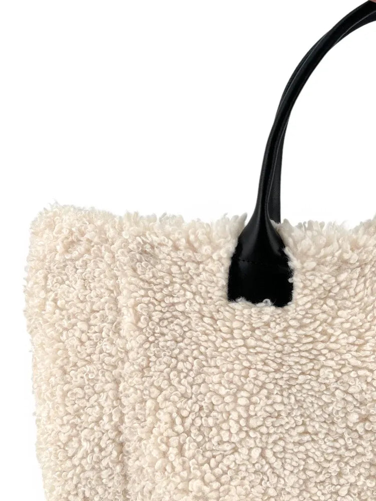 Sac cabas en cuir et peluche GRAND PILOU Beige crème