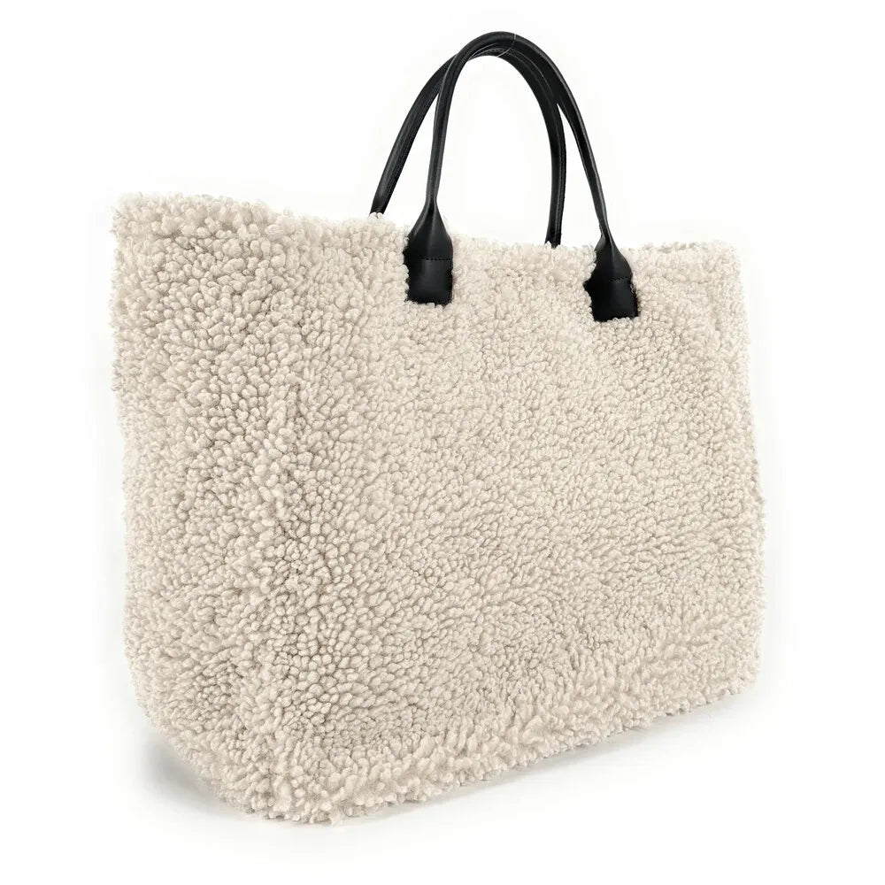 Sac cabas en cuir et peluche GRAND PILOU Beige crème