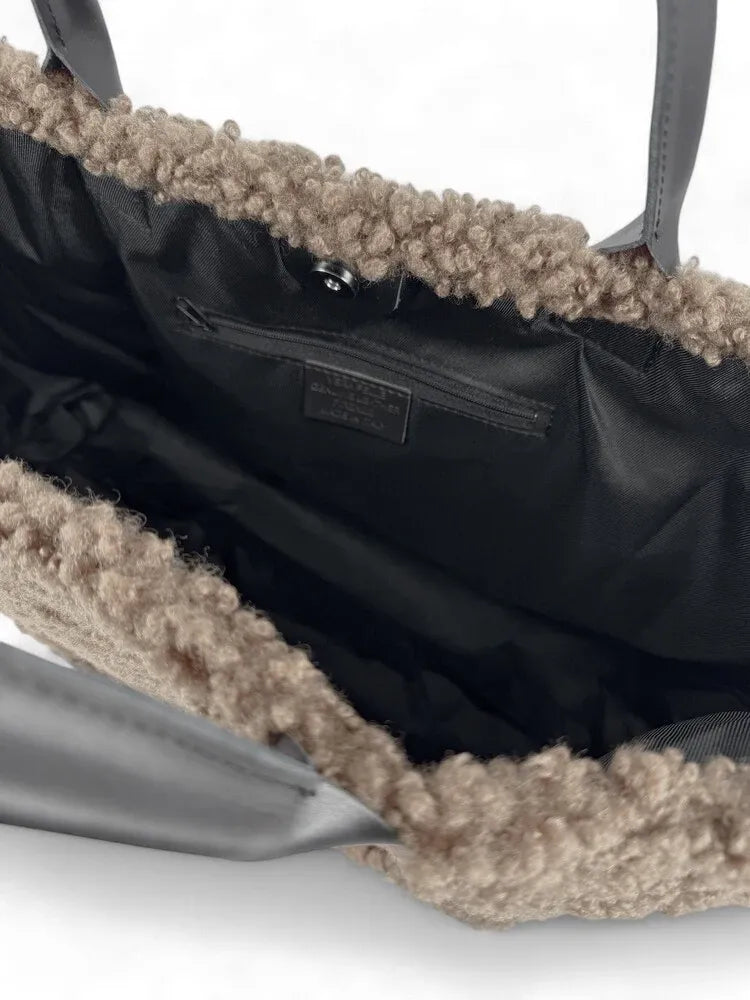 Sac cabas en cuir et peluche GRAND PILOU Taupe foncé