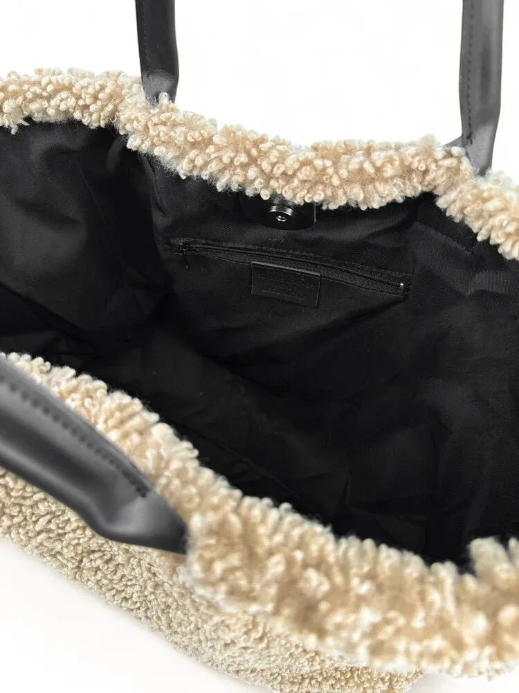 Sac cabas en cuir et peluche GRAND PILOU Taupe