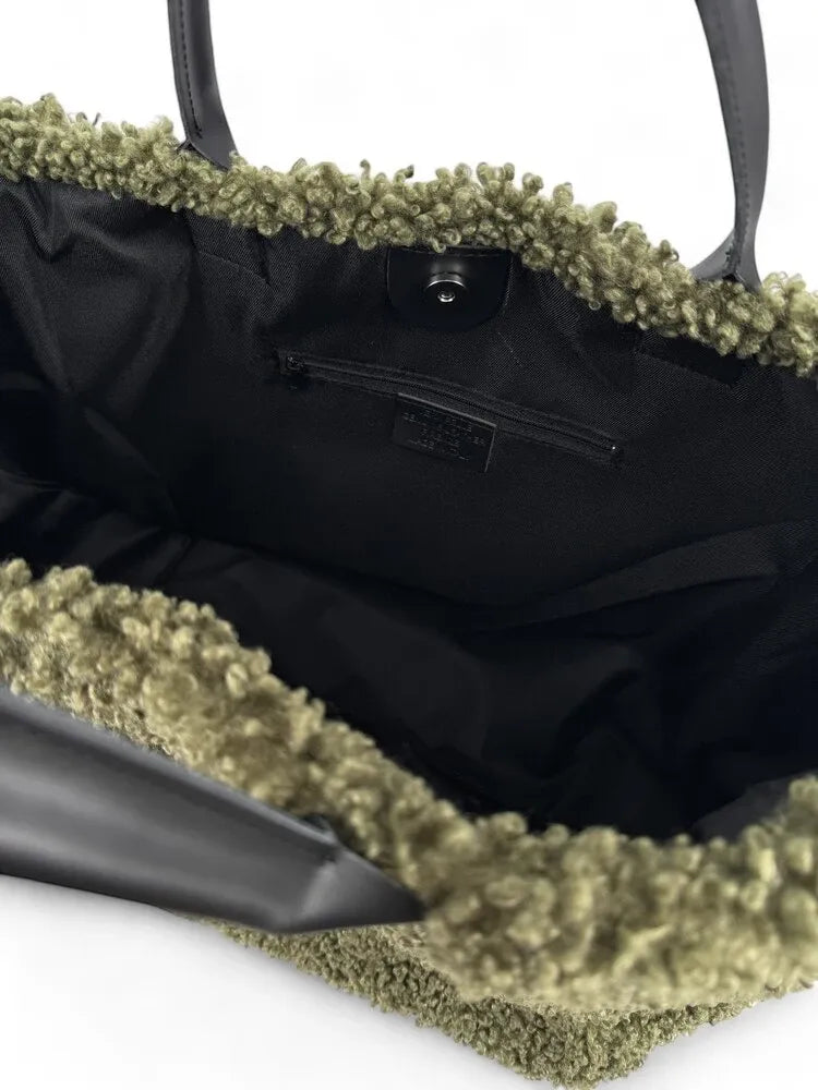 Sac cabas en cuir et peluche GRAND PILOU Kaki