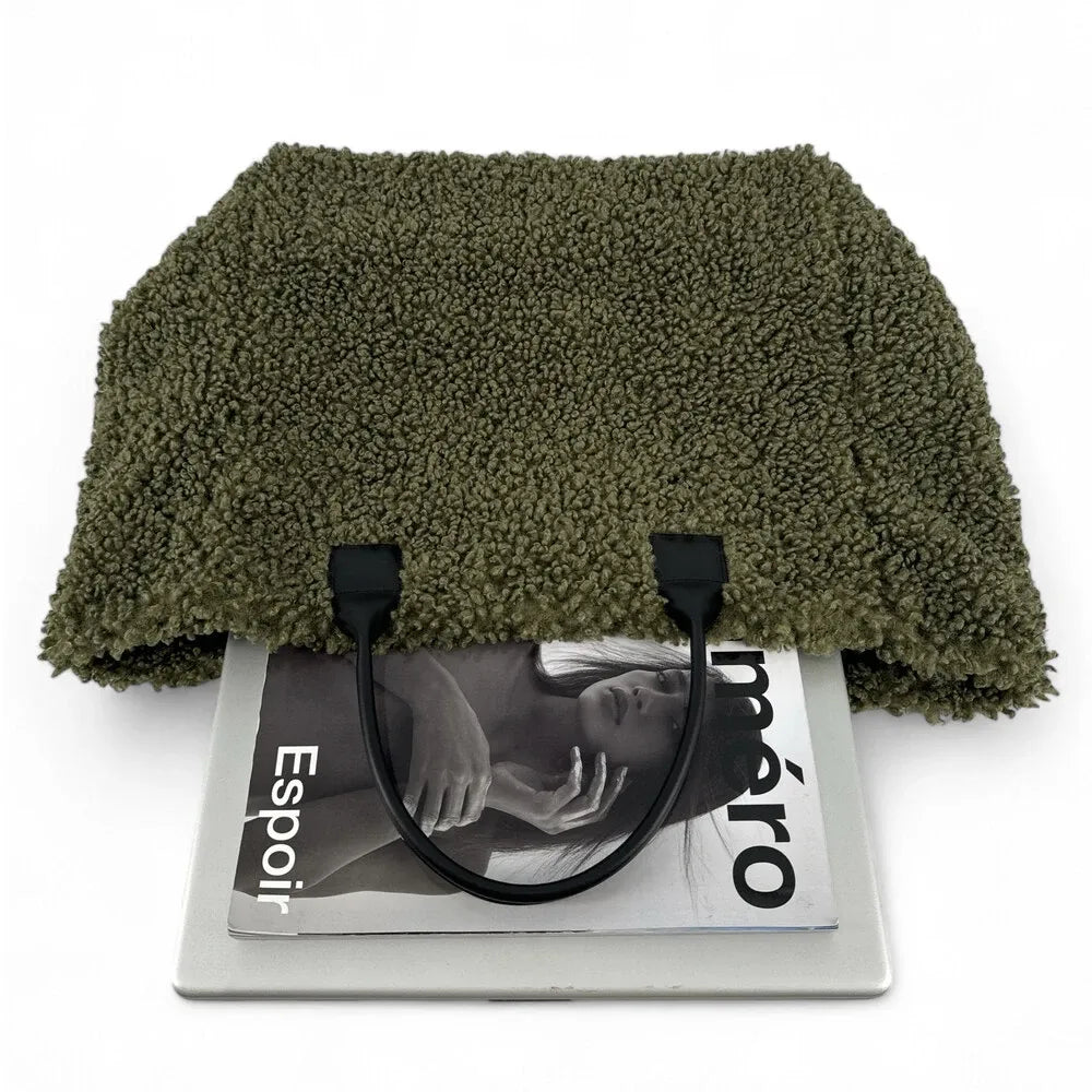 Sac cabas en cuir et peluche GRAND PILOU Kaki