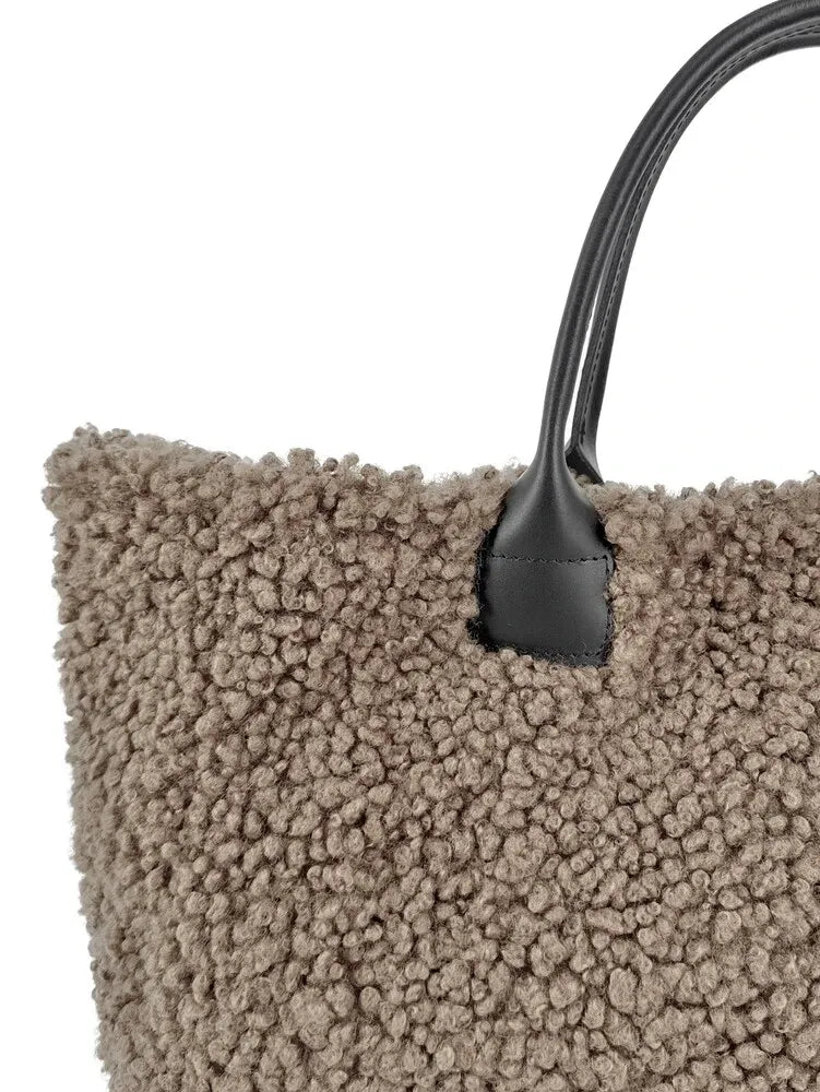 Sac cabas en cuir et peluche GRAND PILOU Taupe foncé