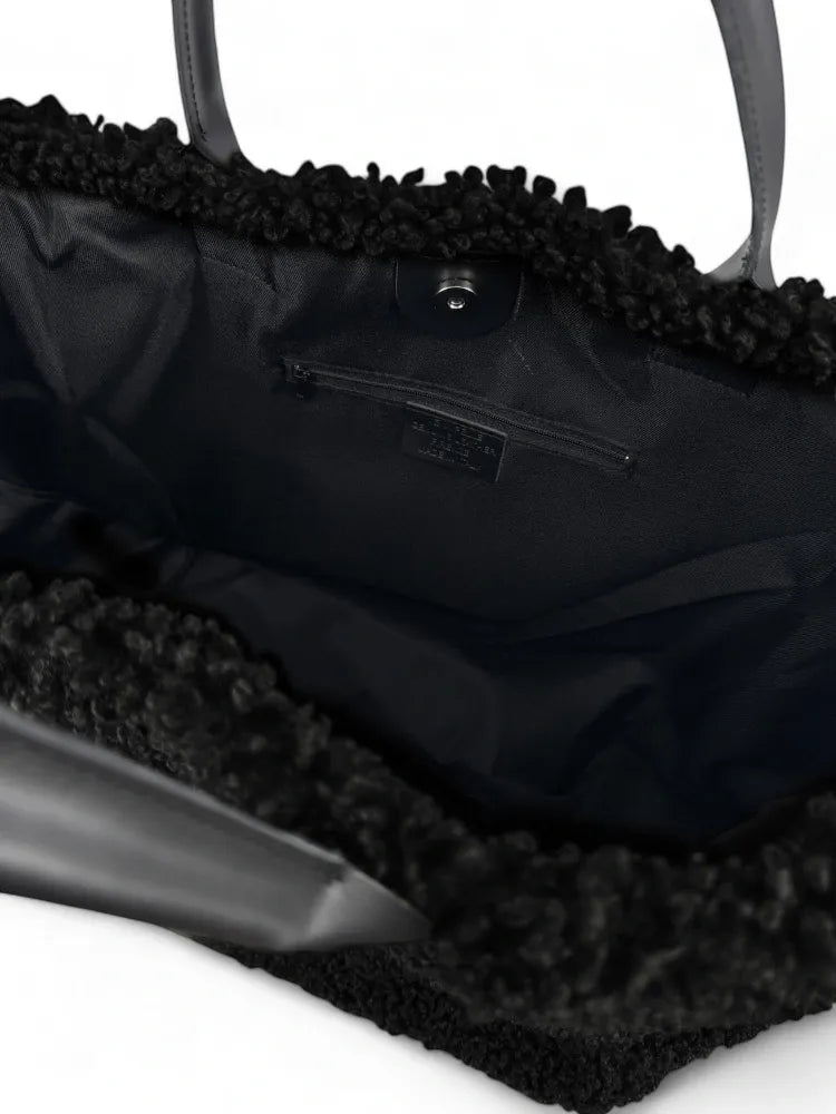 Sac cabas en cuir et peluche GRAND PILOU Noir