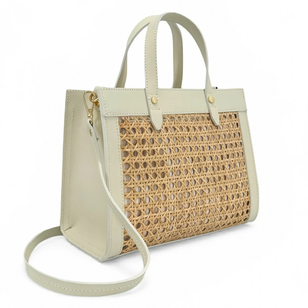 Sac cabas en cuir lisse et rotin THEOLINE Beige crème