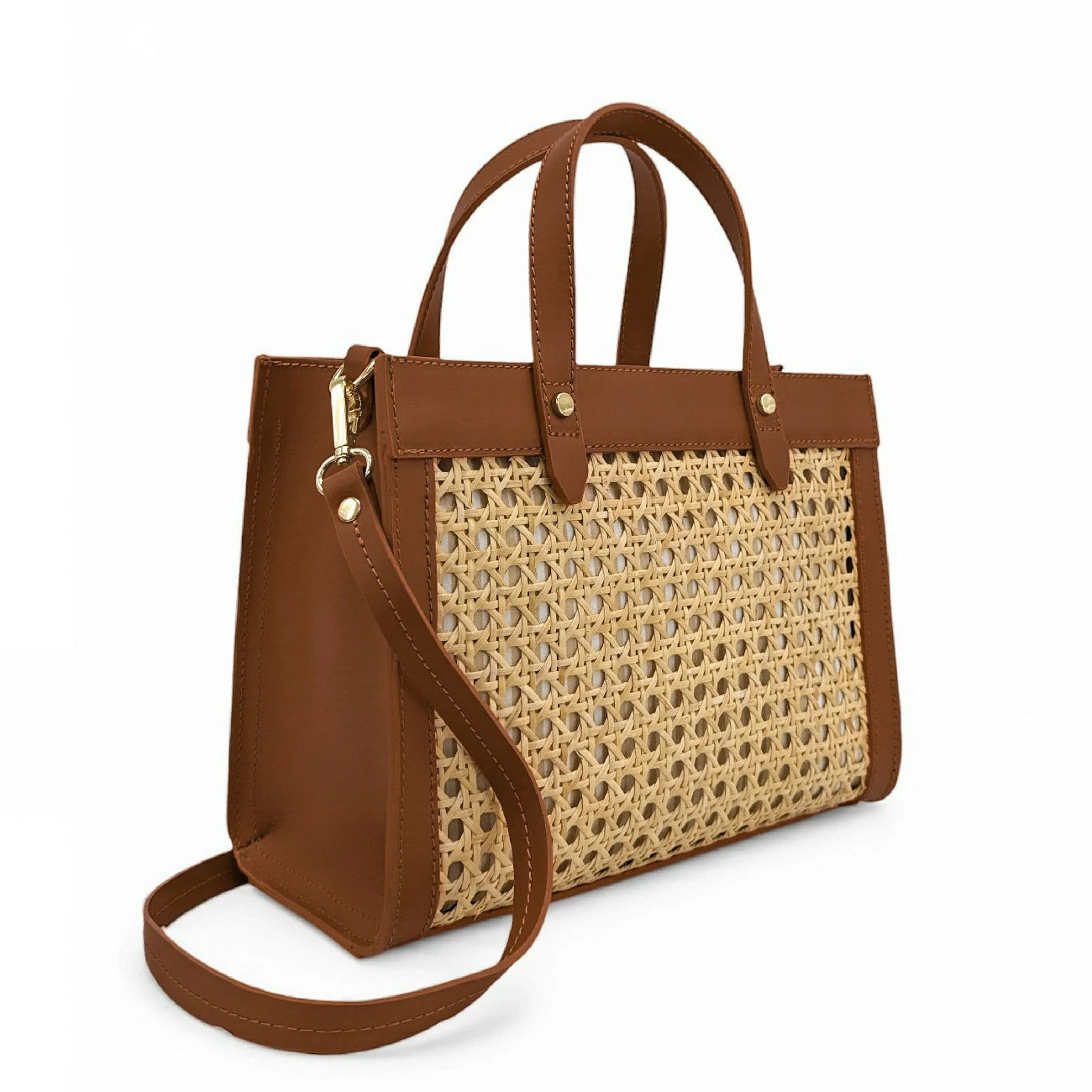 Sac cabas en cuir lisse et rotin THEOLINE Marron camel foncé
