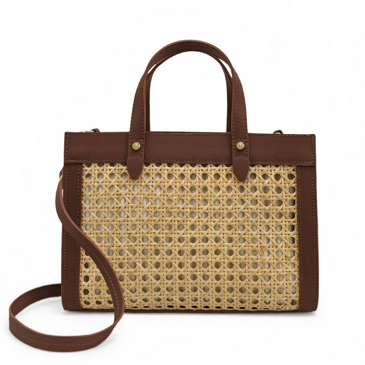 Shopper aus Glattleder und Rattan THEOLINE Schokobraun