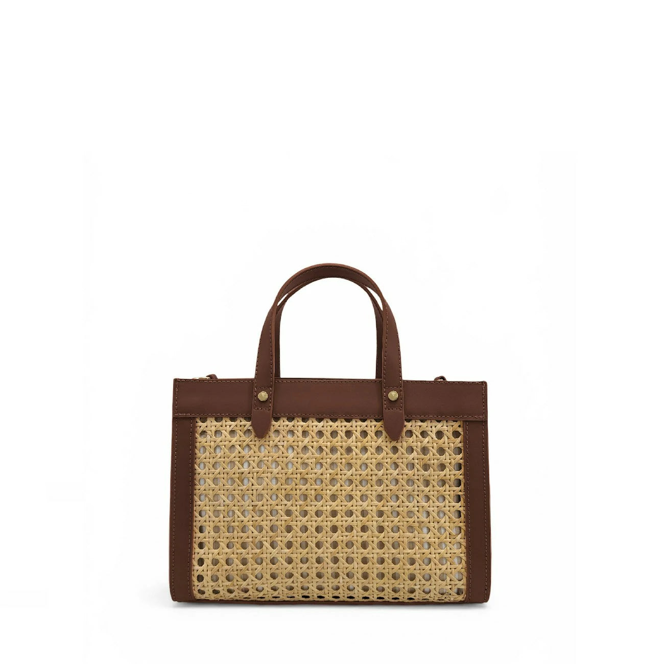 Sac cabas en cuir lisse et rotin THEOLINE Marron chocolat