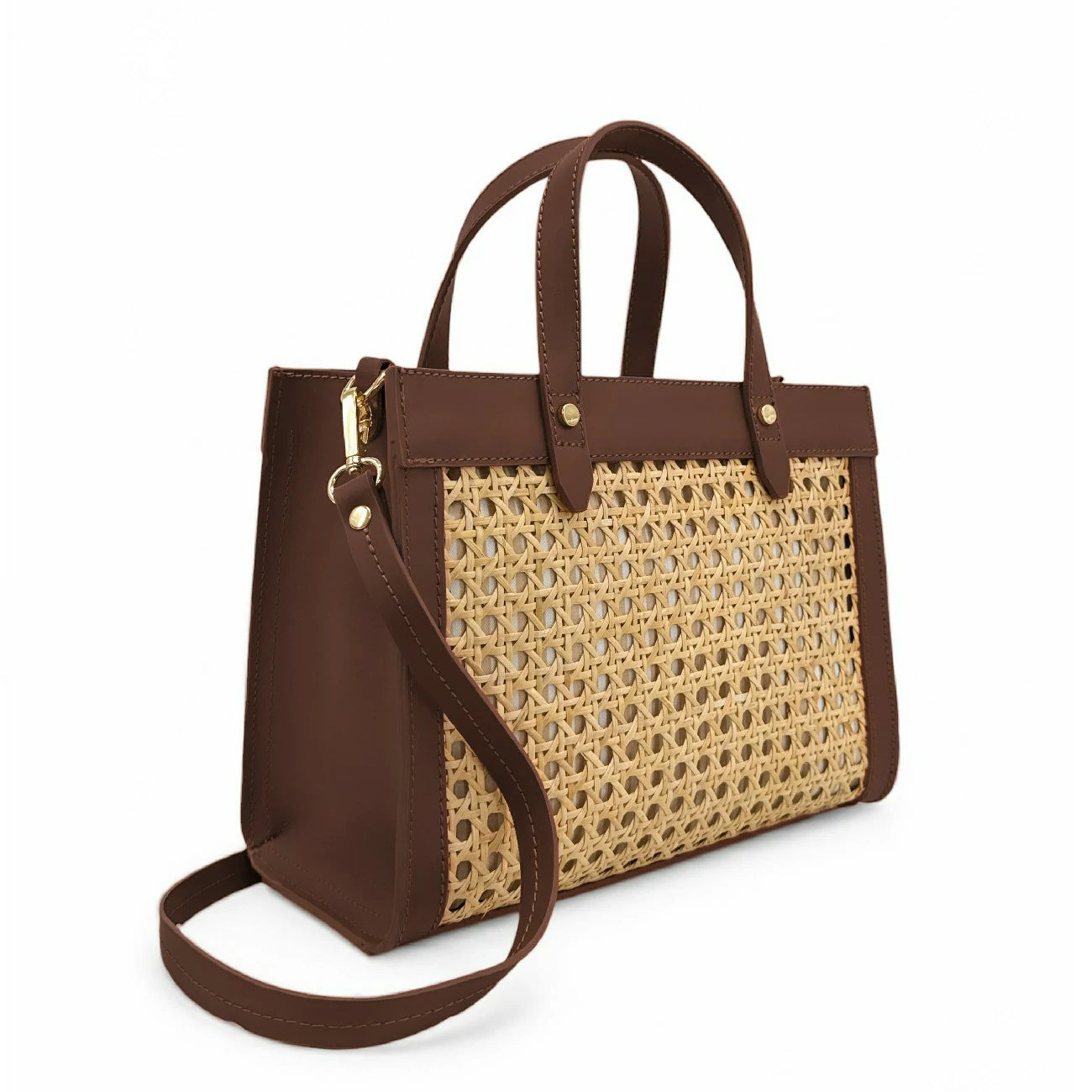 Sac cabas en cuir lisse et rotin THEOLINE Marron chocolat