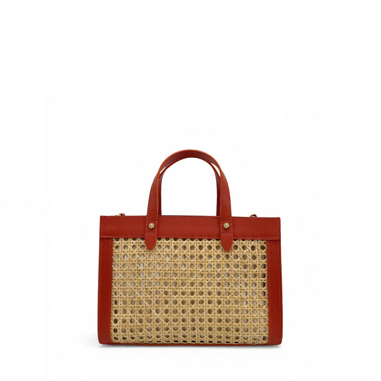 Sac cabas en cuir lisse et rotin THEOLINE Rouge terracotta