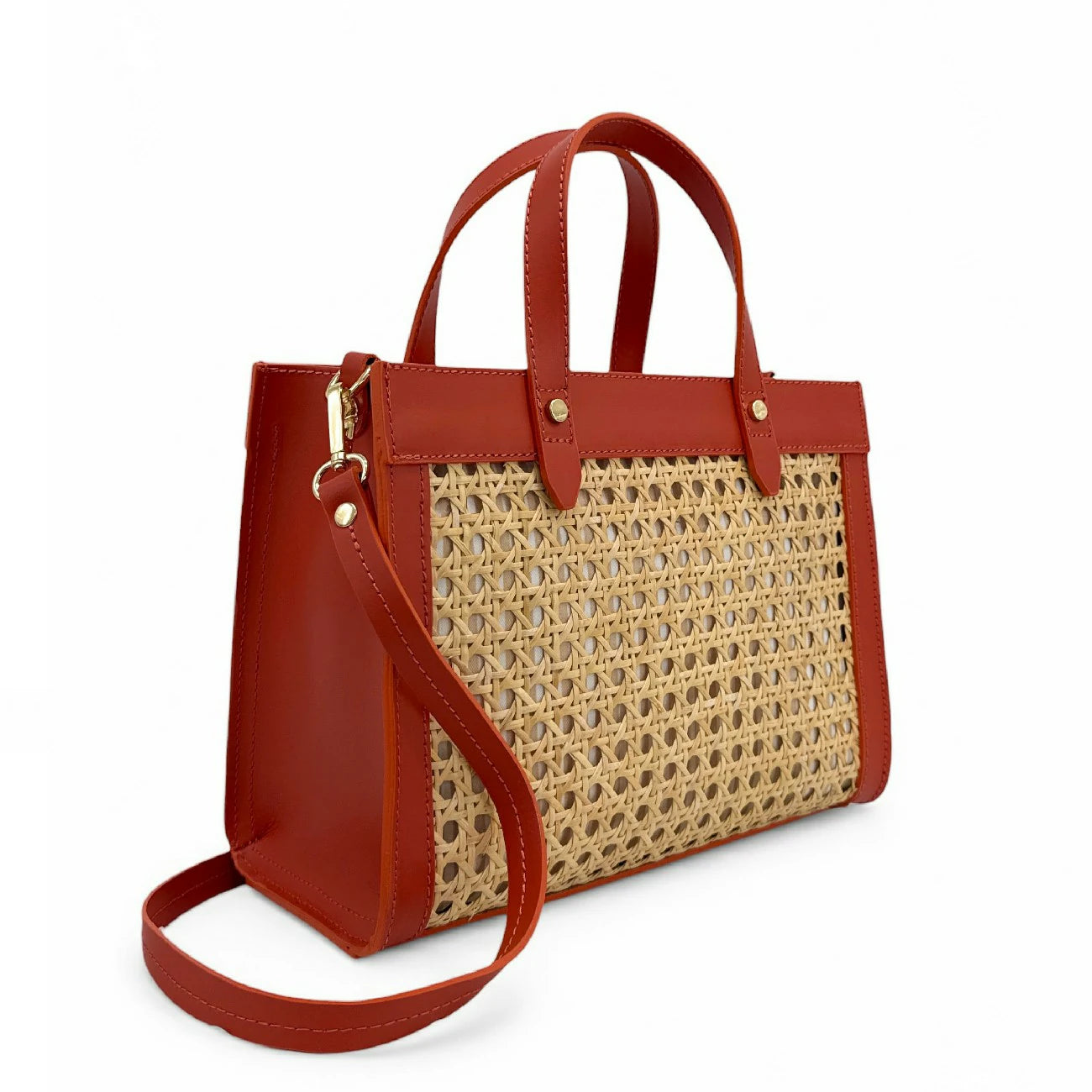 Sac cabas en cuir lisse et rotin THEOLINE Rouge terracotta