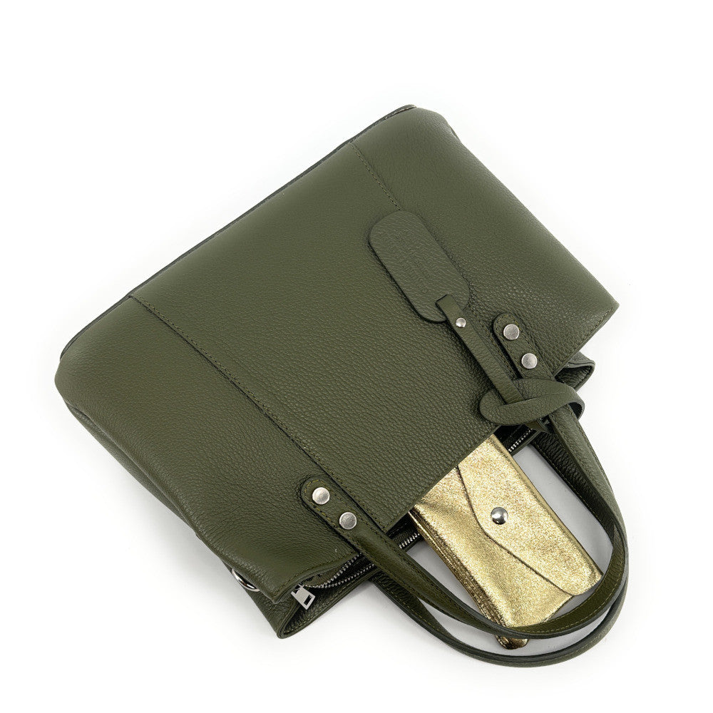 Sac cabas trapèze en cuir grainé ANVERS Kaki