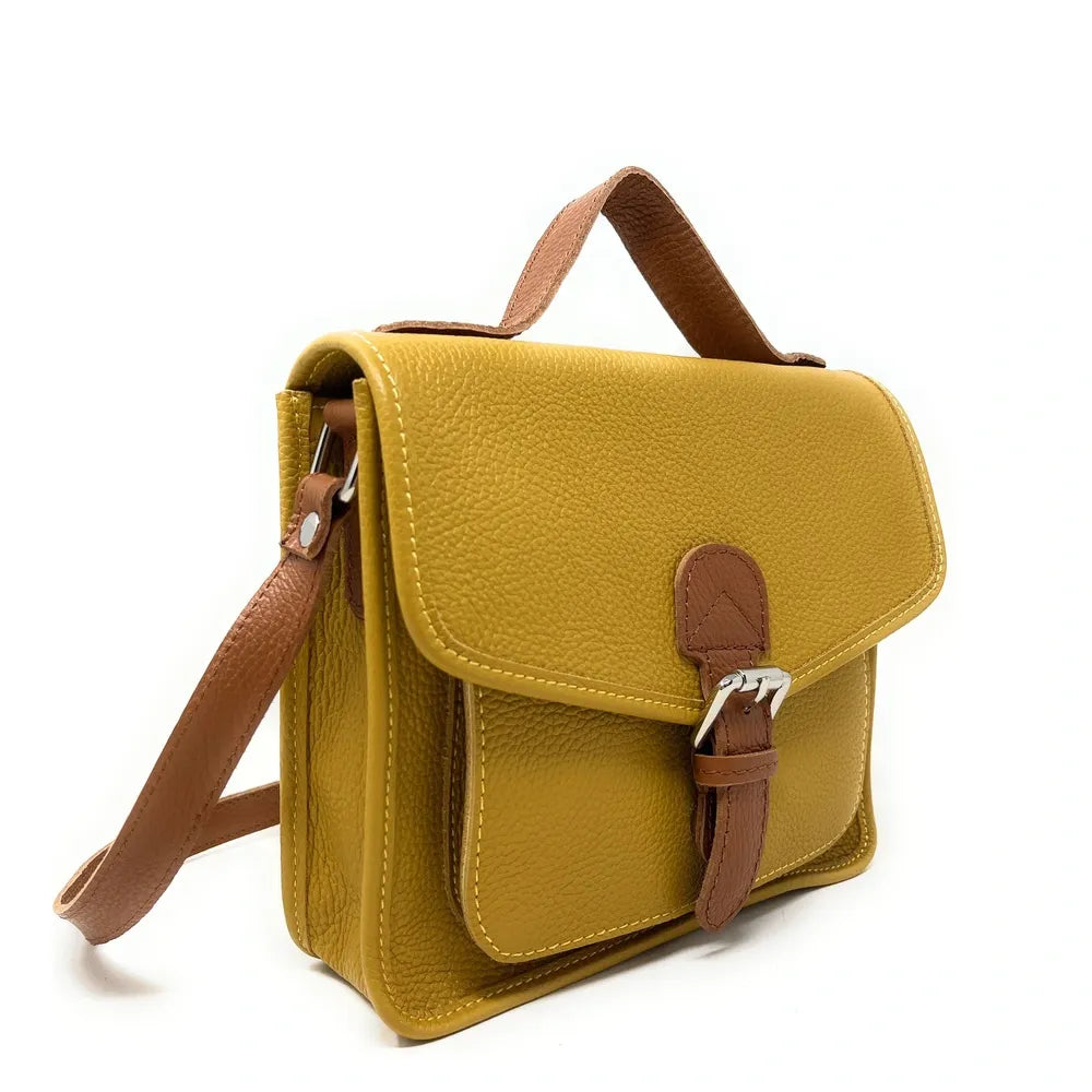 Sac cartable en cuir grainé CALVI Jaune Moutarde
