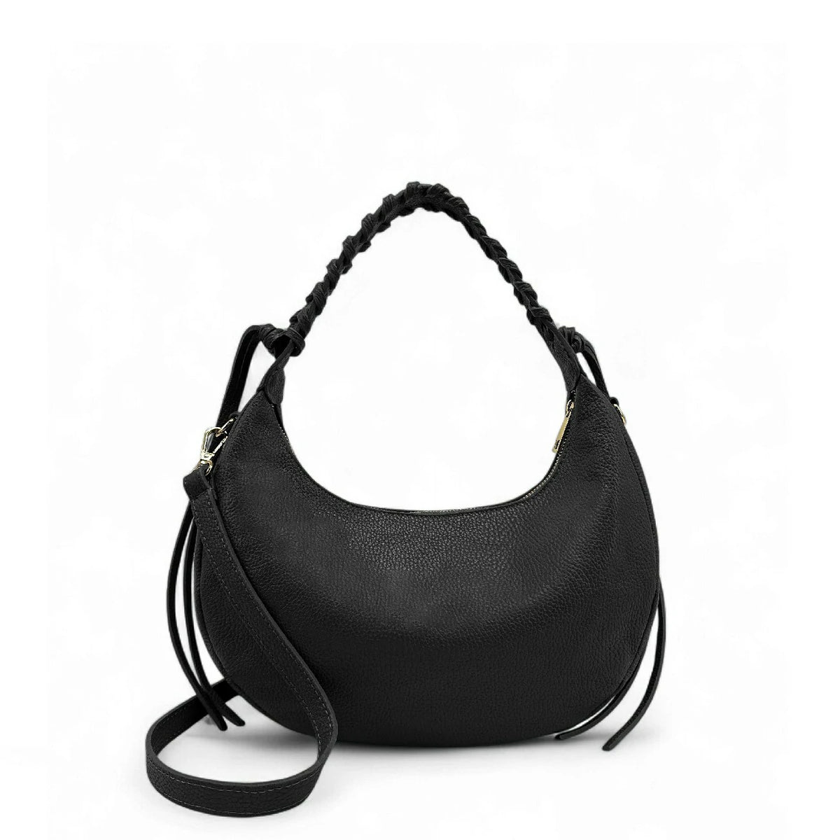 Borsa a mezzaluna in pelle martellata NYX Nero