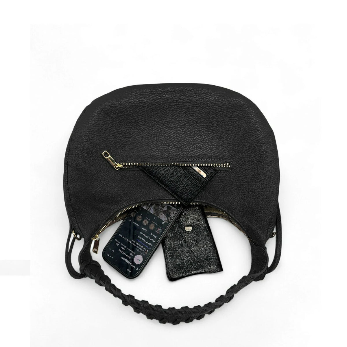 Borsa a mezzaluna in pelle martellata NYX Nero