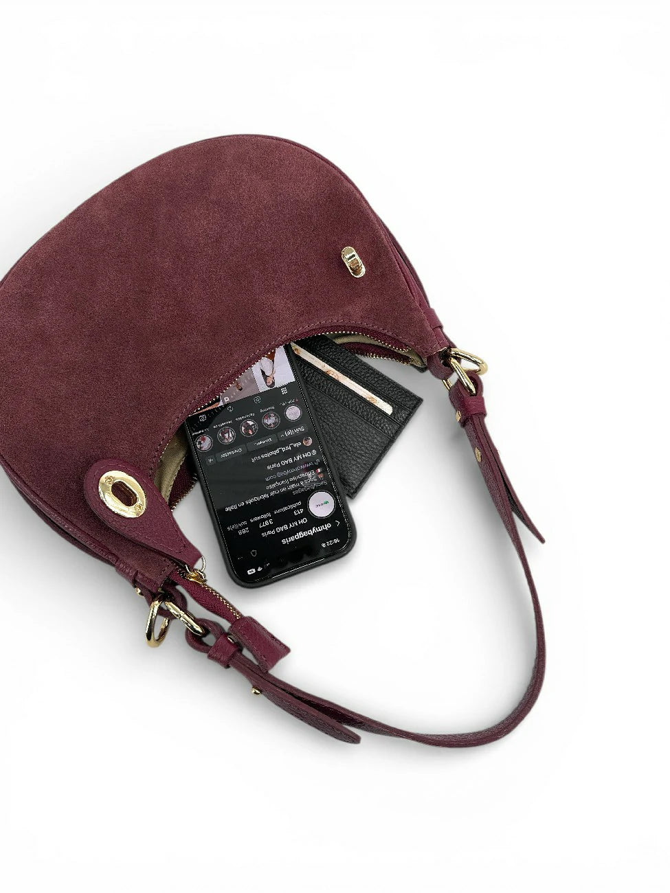 Halbmond-Handtasche aus Wildleder MUNE Bordeauxrot