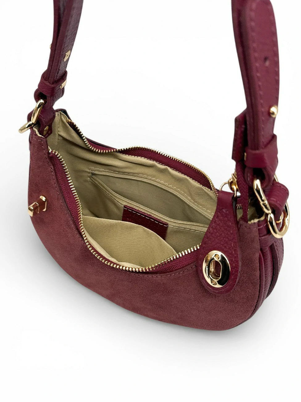 Halbmond-Handtasche aus Wildleder MUNE Bordeauxrot