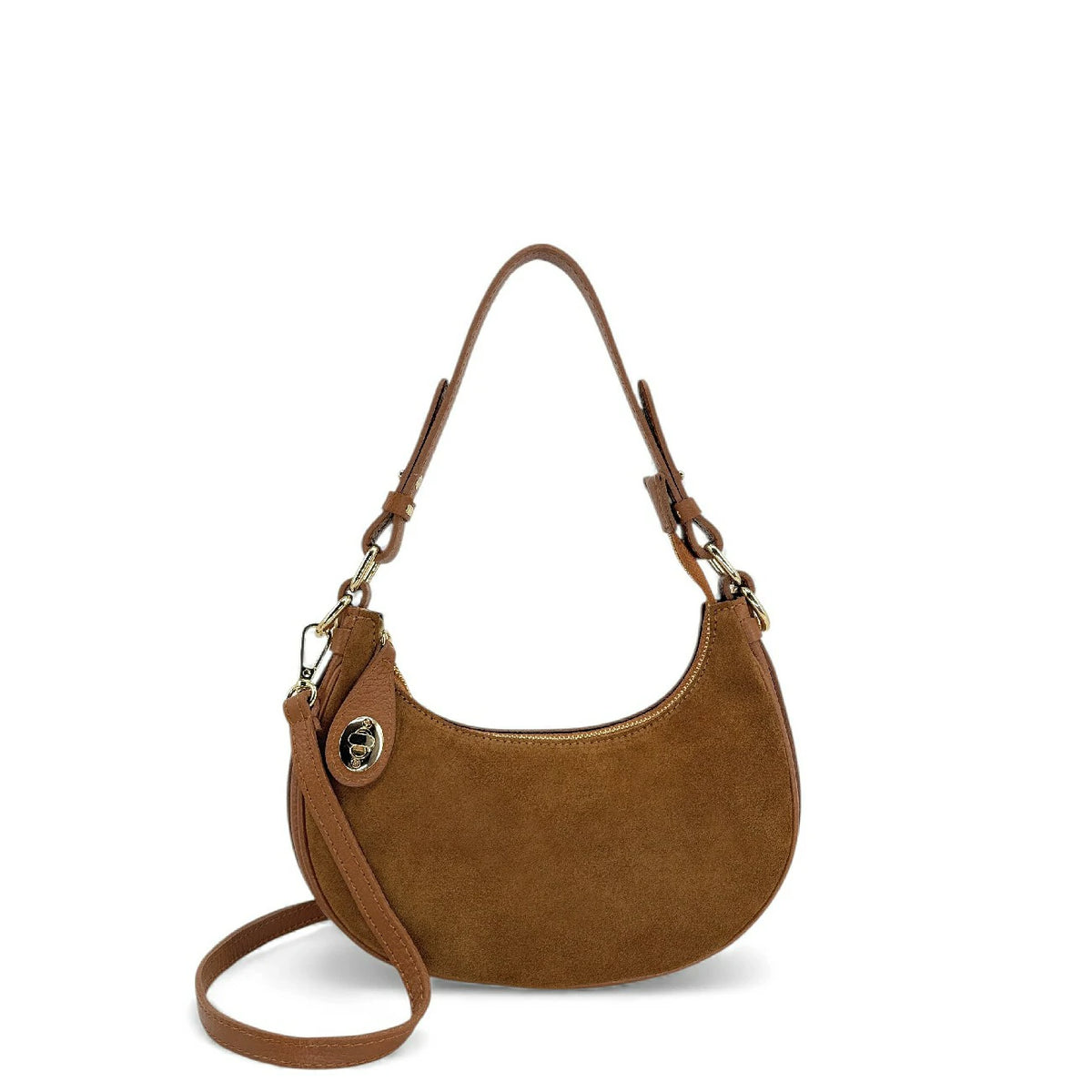 Wildleder-Halbmond-Handtasche MUNE Dunkelcamel