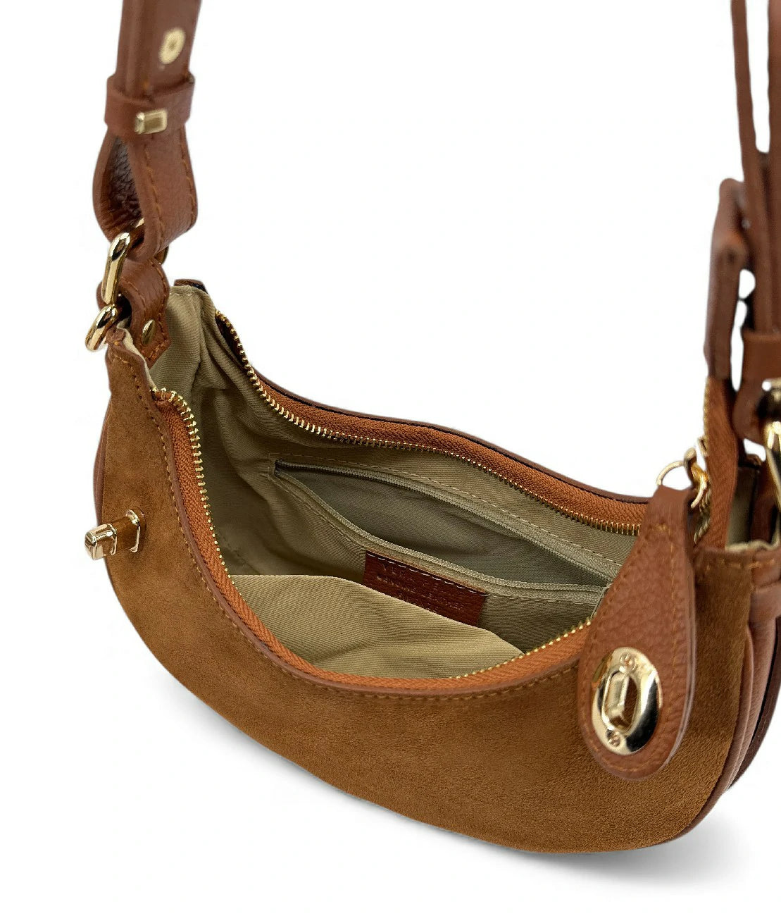 Wildleder-Halbmond-Handtasche MUNE Dunkelcamel