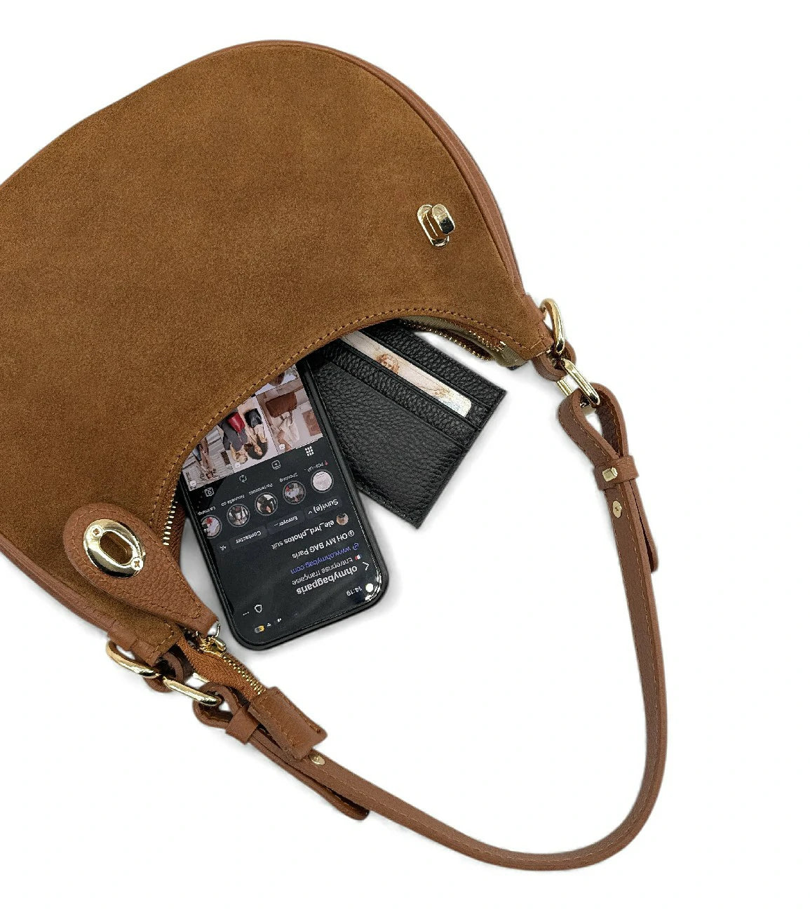 Wildleder-Halbmond-Handtasche MUNE Dunkelcamel