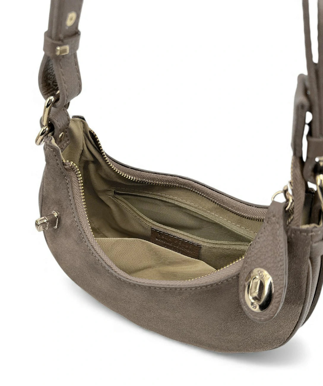 MUNE Dark Taupe suede half-moon handbag