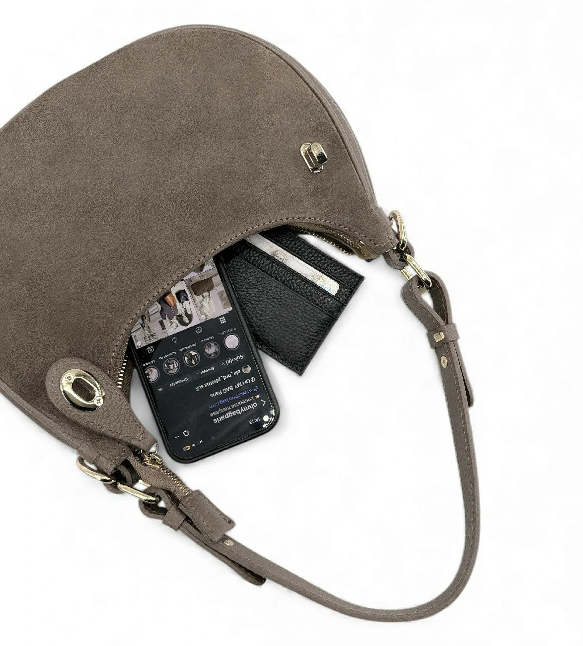 MUNE Dark Taupe suede half-moon handbag