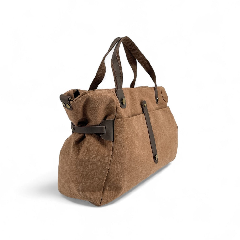 Sac de voyage et week-end cuir et toile FIDJI Camel foncé